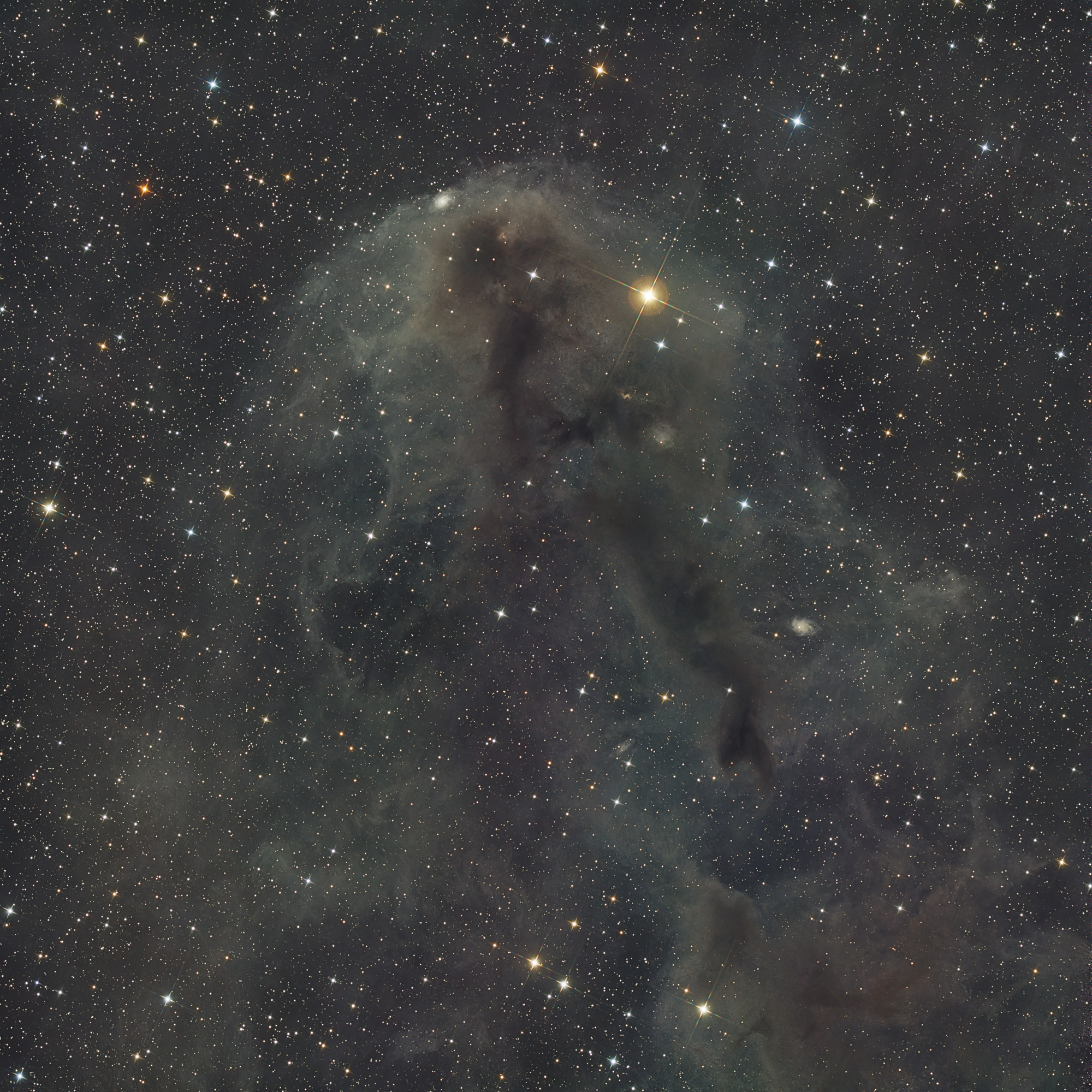 Large amounts of interstellar matter can be found in the Cepheus/Cassiopeia region. Here also lies the little-known dark nebula LDN 1251 from the Lynds catalog of dark nebulae.